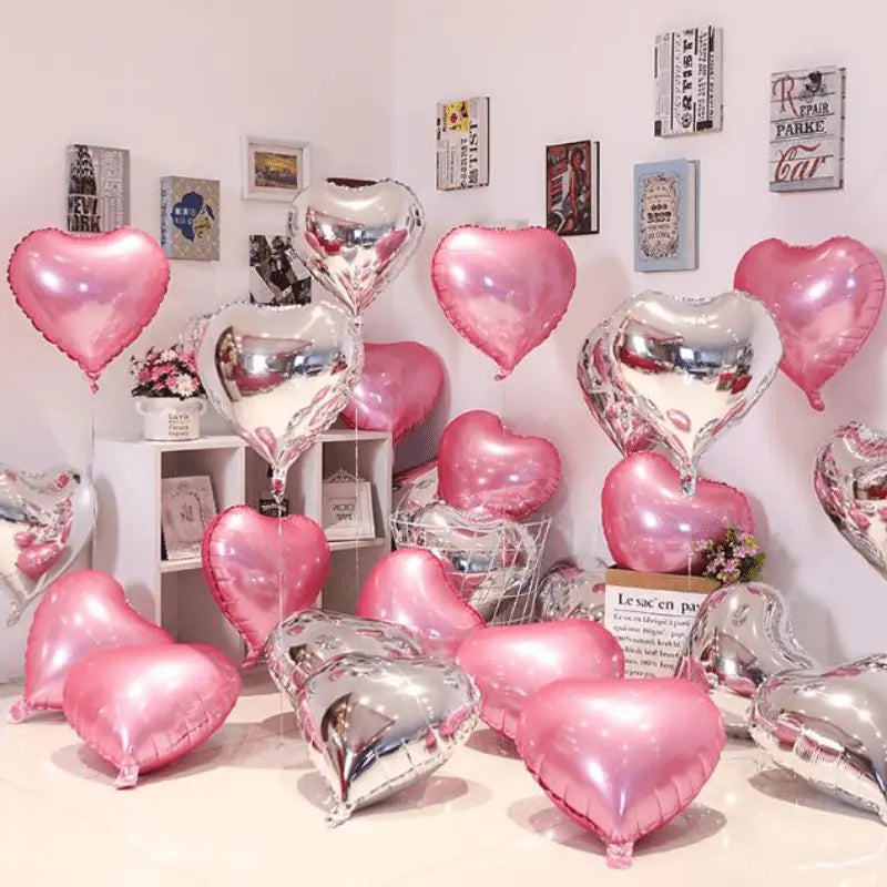 "Sweetheart Surprise" – Pink & Silver Heart Balloons