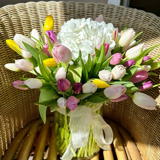 Blooming Tranquility: Tulips and Hydrangea Vase Arrangement