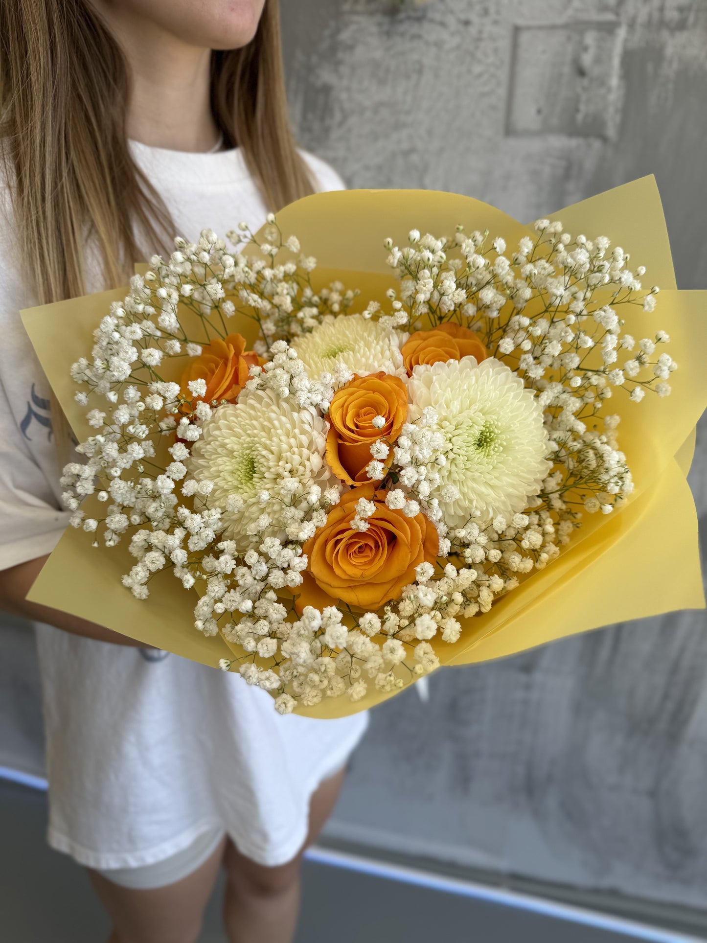 ORANGE ROSES, BABY BREATH, CHRYSANTHEMUM