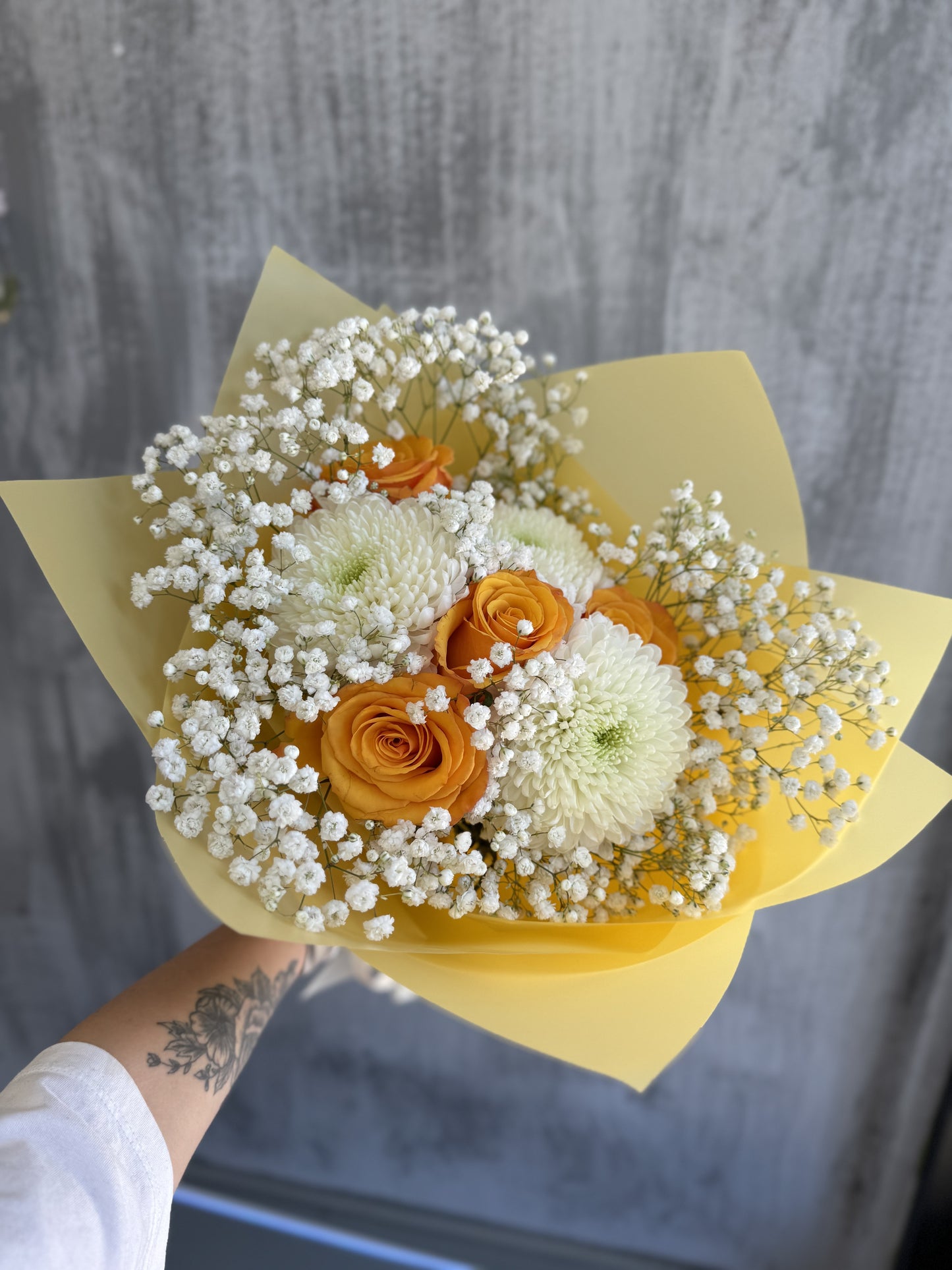 ORANGE ROSES, BABY BREATH, CHRYSANTHEMUM