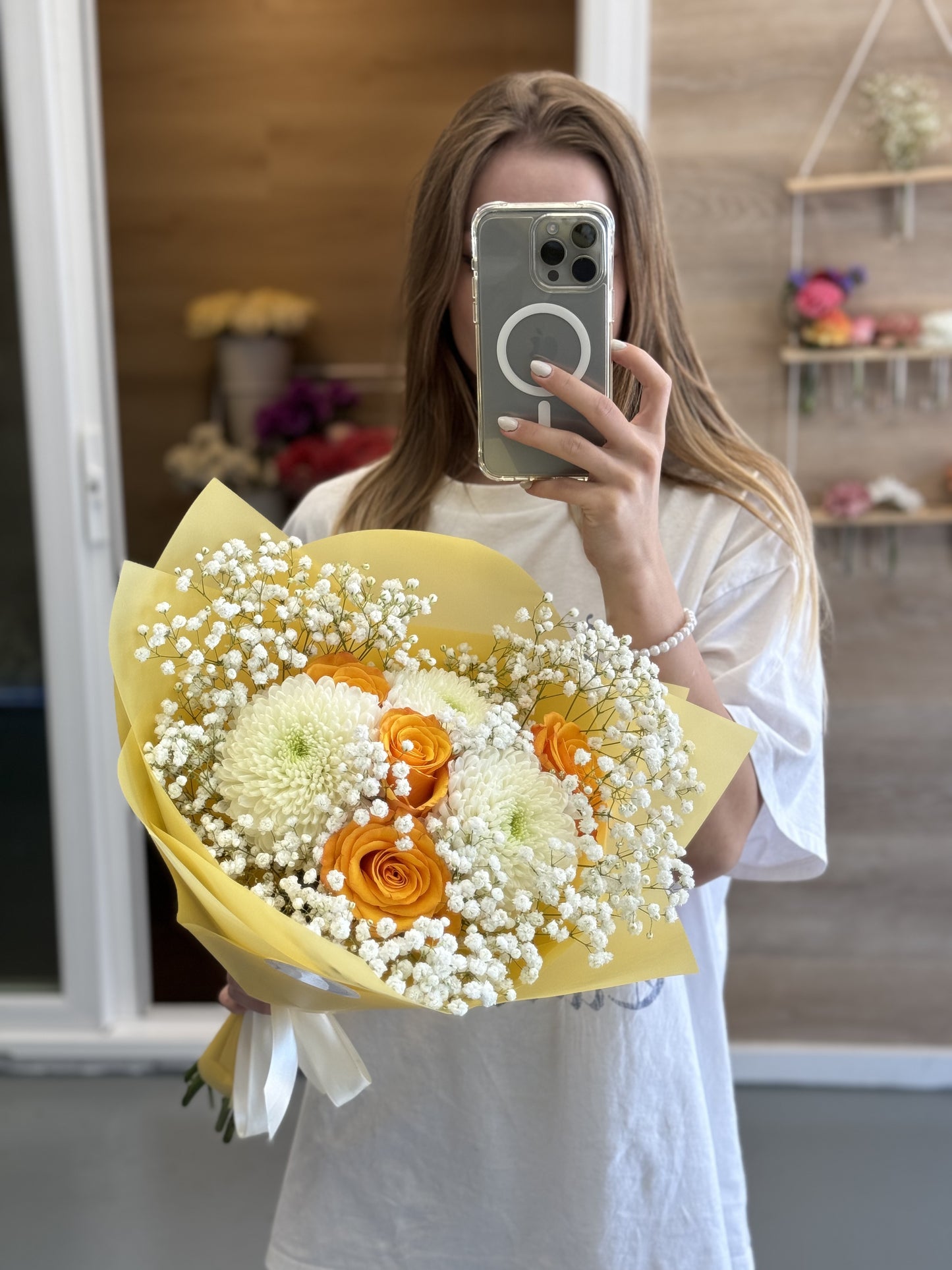 ORANGE ROSES, BABY BREATH, CHRYSANTHEMUM