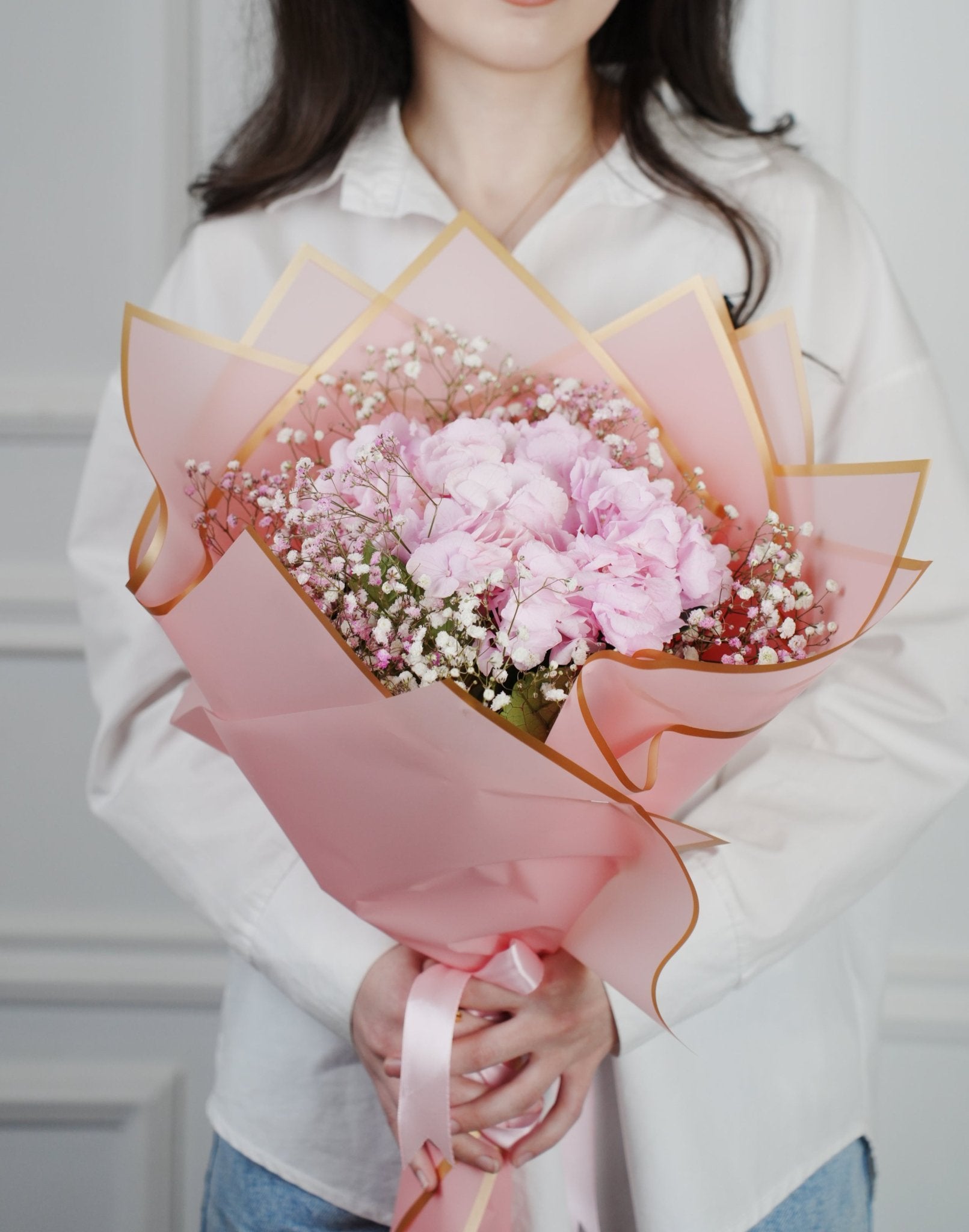 Delicate Grace: Light Pink Hydrangea and Baby's Breath Bouquet - GOOL: FLOWER SHOP