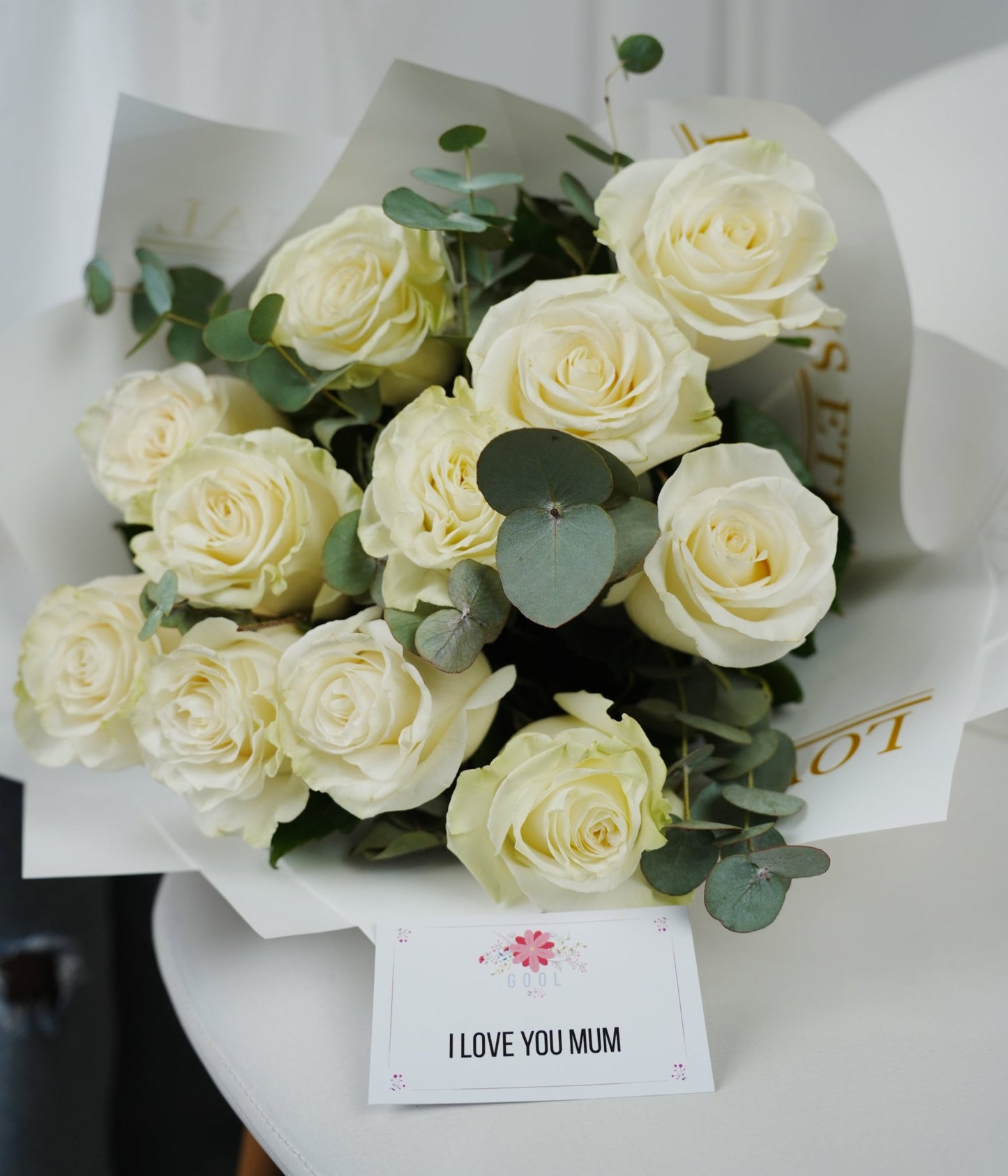 Luminous Calm: White Roses & Eucalyptus - GOOL: FLOWER SHOP