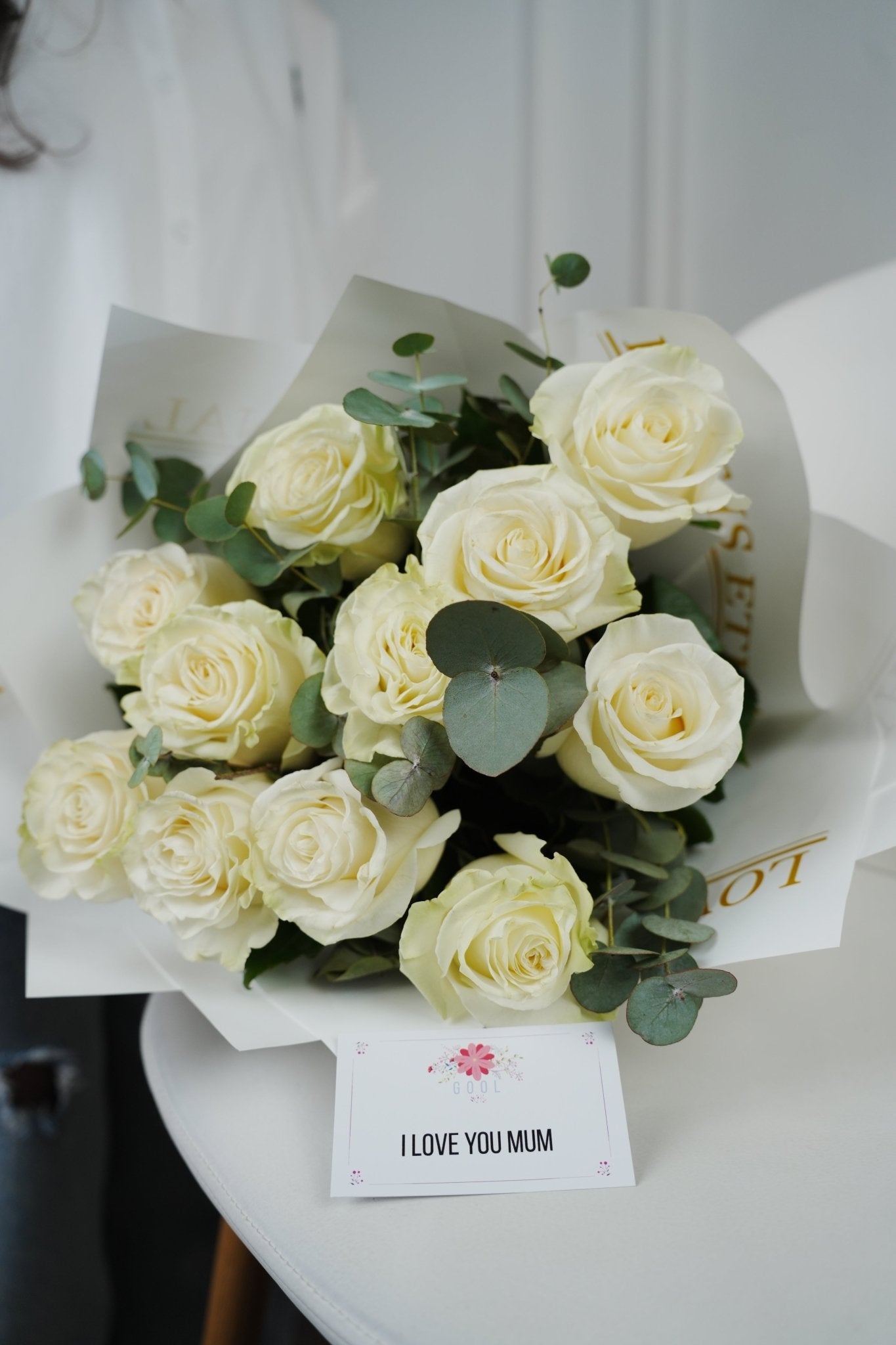 Luminous Calm: White Roses & Eucalyptus - GOOL: FLOWER SHOP