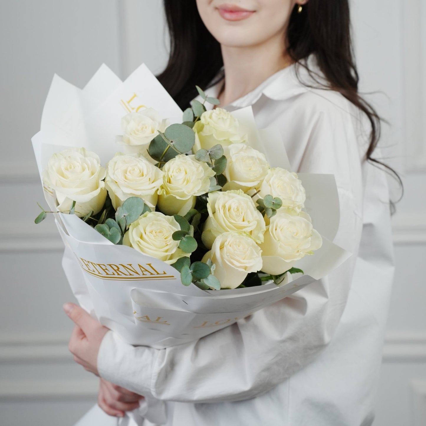 Luminous Calm: White Roses & Eucalyptus - GOOL: FLOWER SHOP