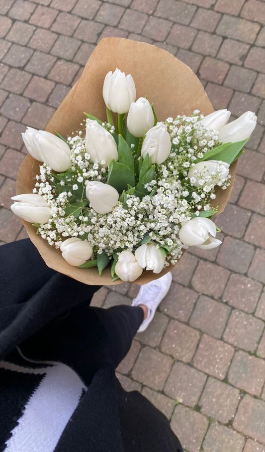 Tranquil Whispers: White Tulips & Gypsophila Bouquet - GOOL: FLOWER SHOP